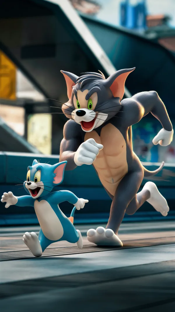 3D Render of Tom and Jerry Cartoon Characters Running on City Bridge with Vibrant Colors, Dynamic Motion, and Playful Animation Style for Animation Enthusiasts