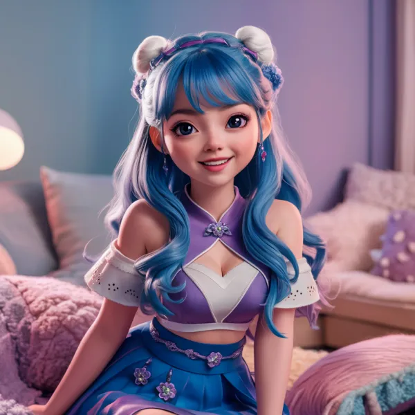 3D Render of Female Cartoon Character with Blue Curly Hair and Purple-Blue Traditional-Inspired Outfit in Cozy Indoor Setting, Soft Lighting and Stylish Digital Art