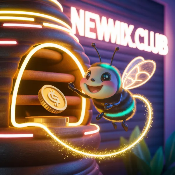 3D Animated Cartoon Bee with Glowing Neon Wings and Cryptocurrency Coin Near NEWMIX.CLUB Neon Sign in Cyberpunk-Inspired Nighttime Scene