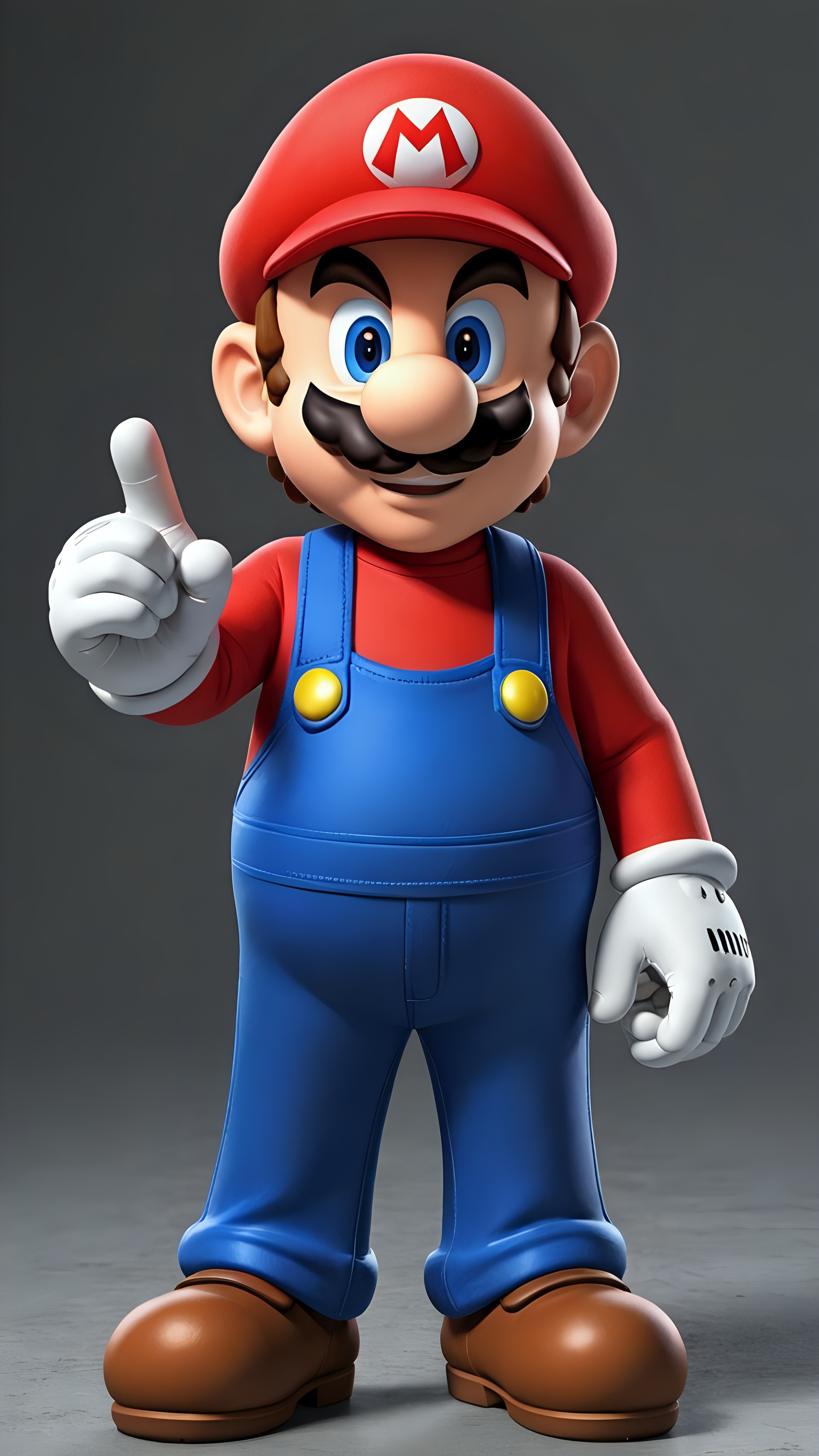 3D Render of Mario Character from Super Mario Series Standing in Studio with Red Hat and Blue Overalls, Pointing Confidently, Vibrant Colors and Smooth Textures for Game Art and Animation Inspiration