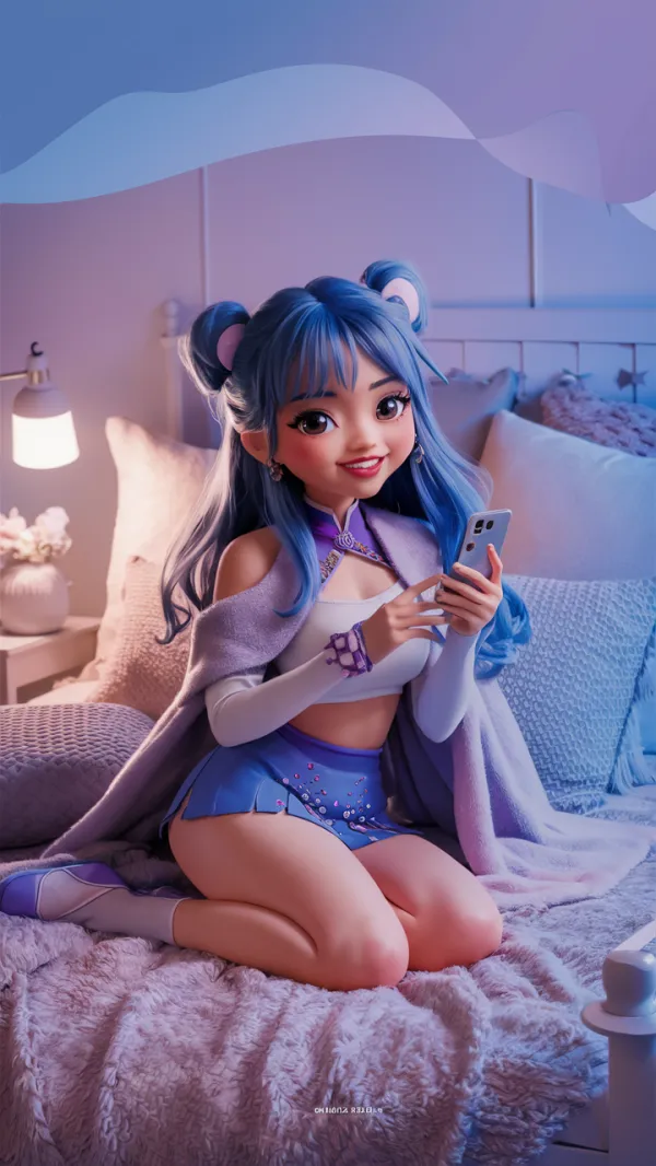 Stylized 3D Render of a Blue-Haired Female Character Using Smartphone in Soft-Lit Cozy Bedroom with Pastel Pillows and Pink Bedding