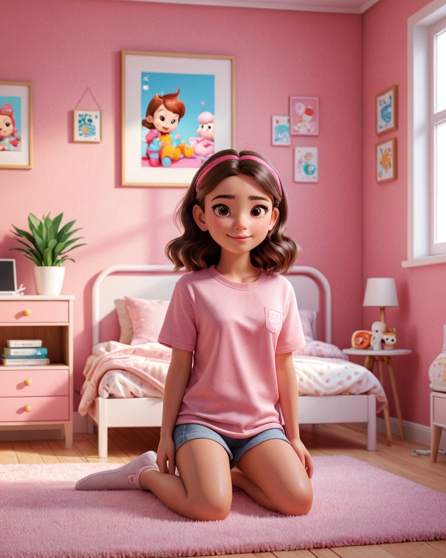 Sunlit Girl in Pink Room