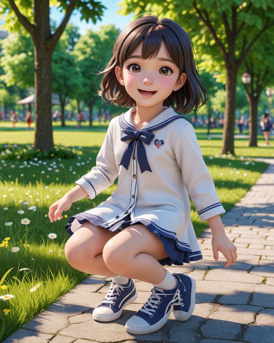 Golden Light Schoolgirl Crouch