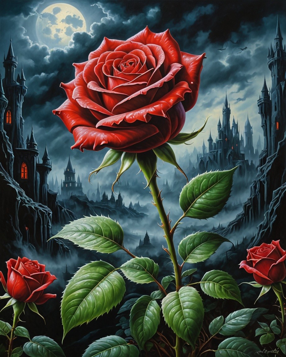 Ethereal Red Rose in Moonlit Fortress