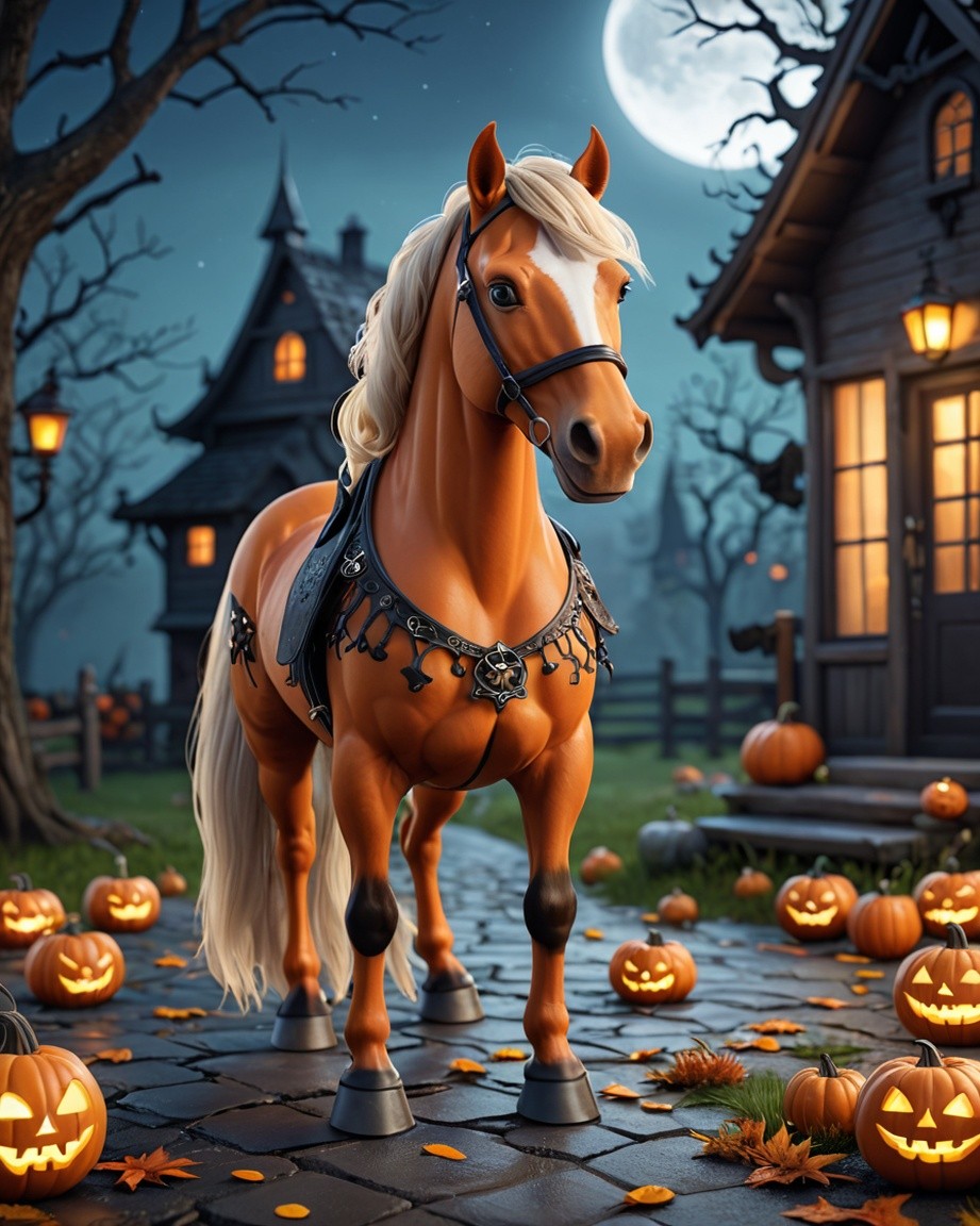 Moonlit Horse in Pumpkin Yard