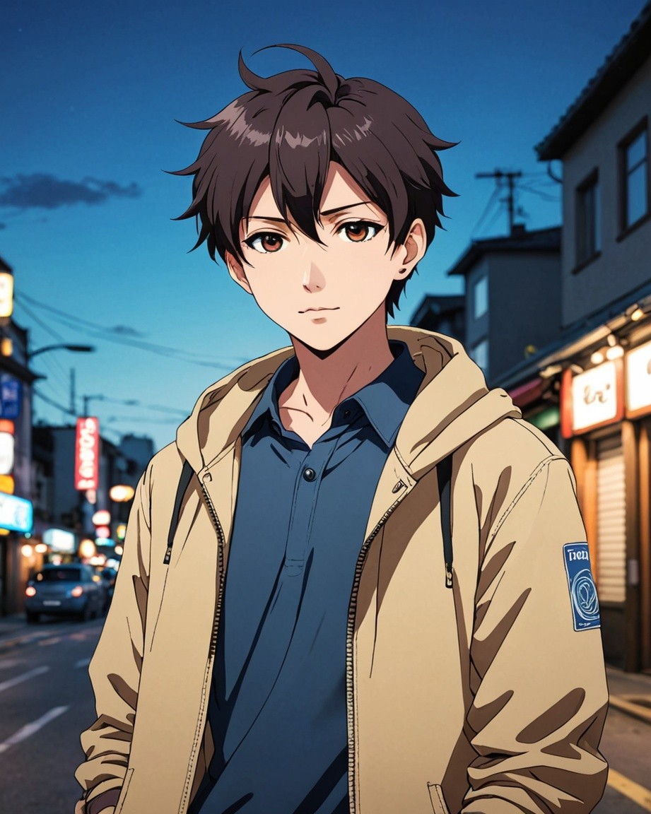 Anime style portrait of a young male character standing on a city street during twilight with neon lights and traditional buildings in the background