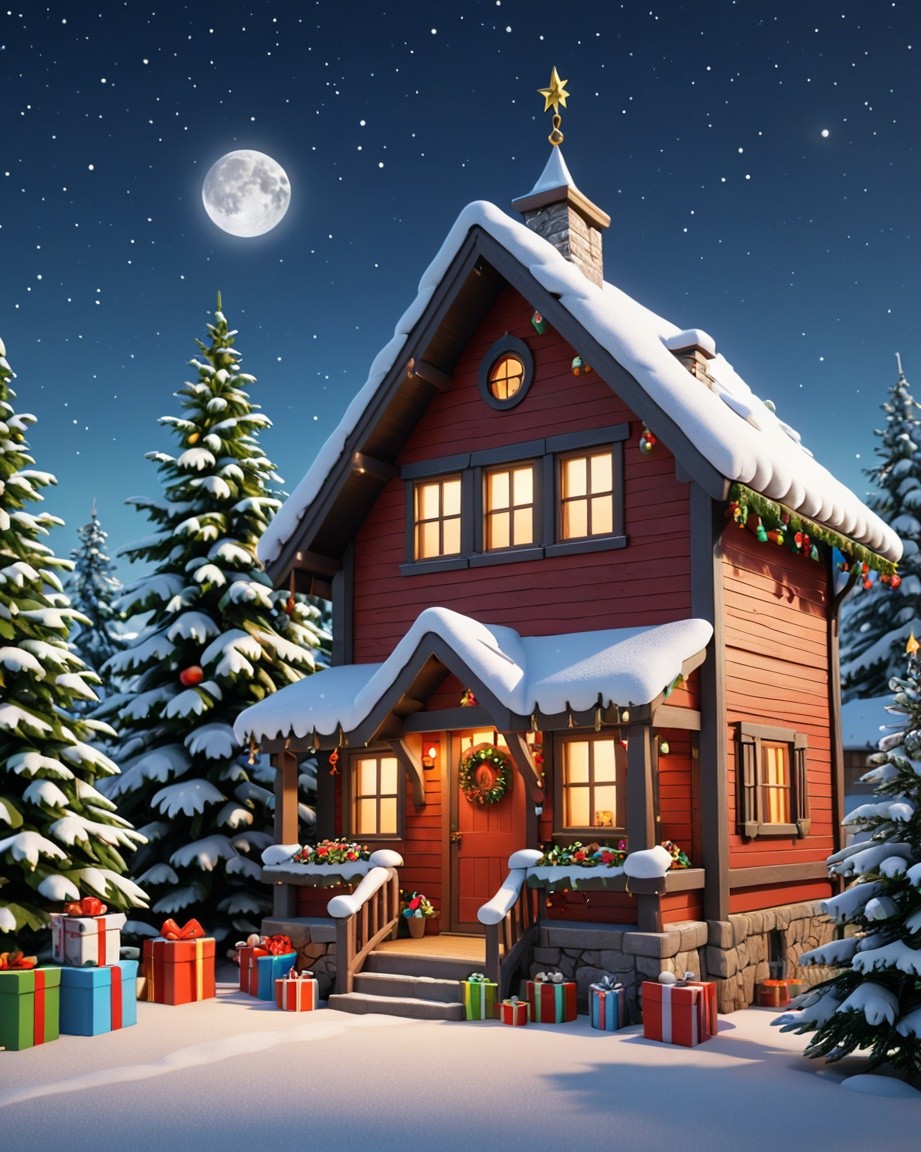 Snowy Cabin's Midnight Glow