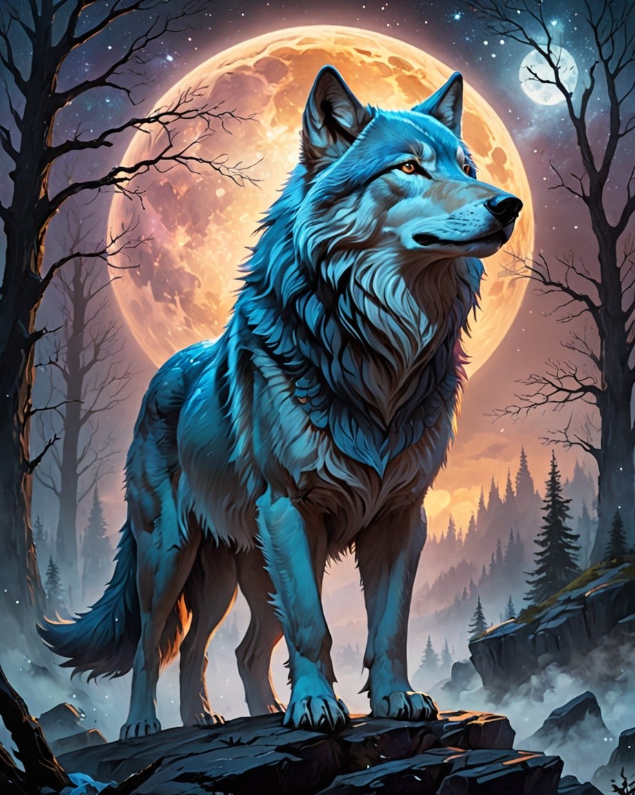 Lunar Wolf in Starlit Forest