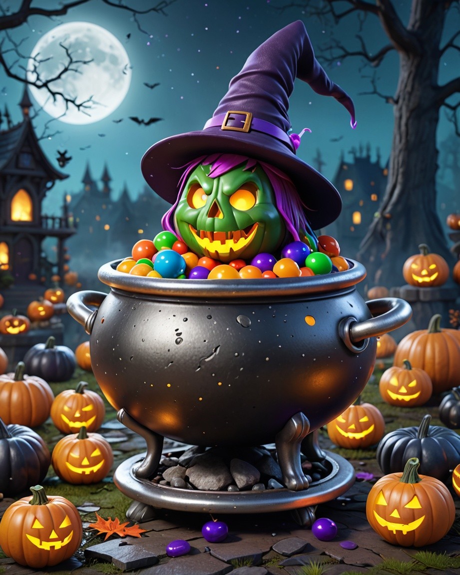 Moonlit Pumpkin Witch's Cauldron