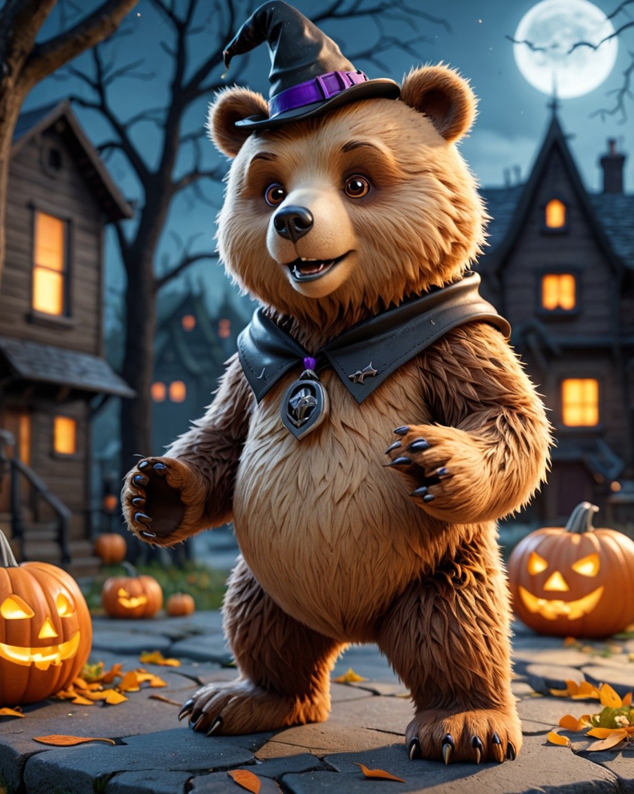 Moonlit Witch Bear with Pumpkins
