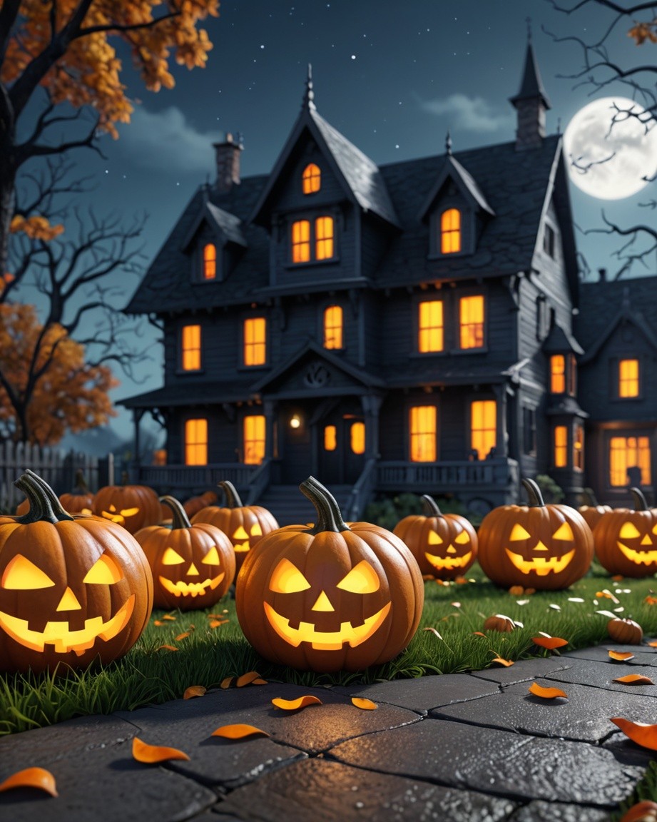 Glowing Pumpkin Moonlit Mansion