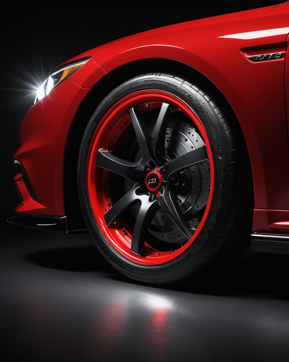 Stunning High-End Photograph of a Red Sports Car Wheel with Red-Rimmed Alloy Rims, Visible Brake Disc, and Glowing Headlight in Professional Automotive Lighting