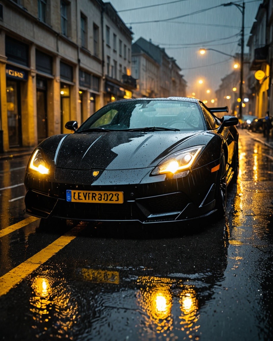Rain-Slicked Luxury on Glistening Streets