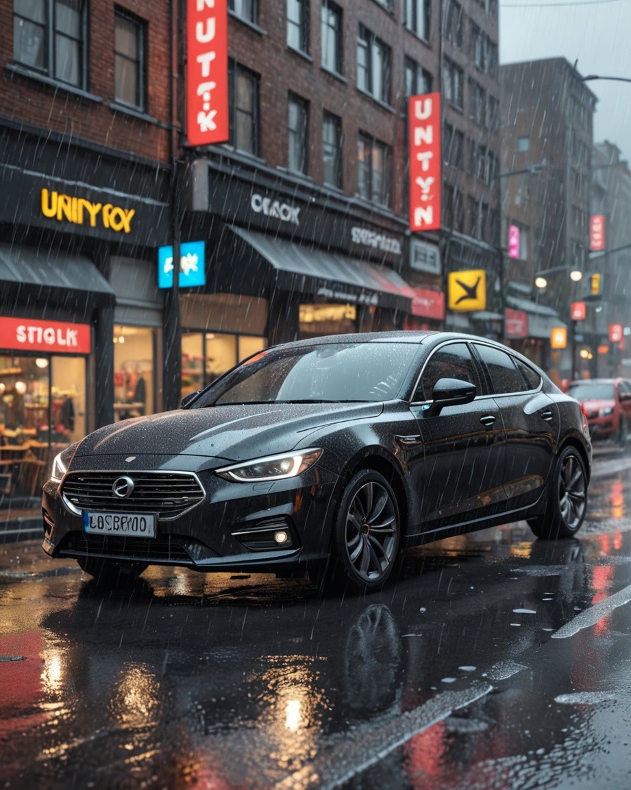 Rain-Drenched City Sedan