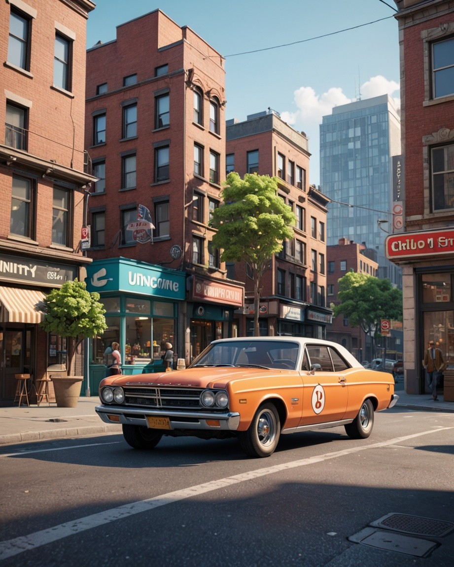 Sunlit Retro Car on Main Street