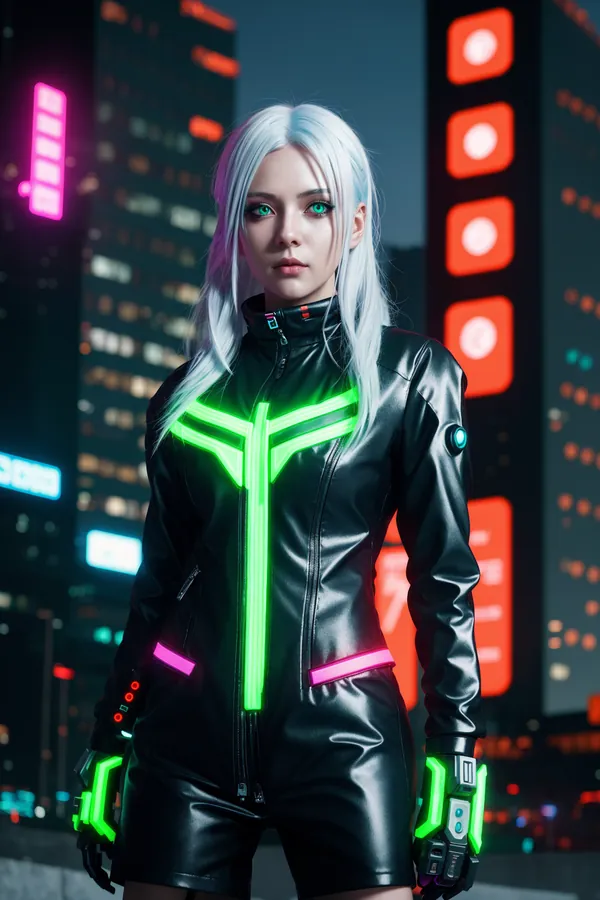 Futuristic Cyberpunk Character with Glowing Neon-Lit Black Leather Outfit and White Hair Standing in Vibrant Night Cityscape with Neon Signage and Confident Mood