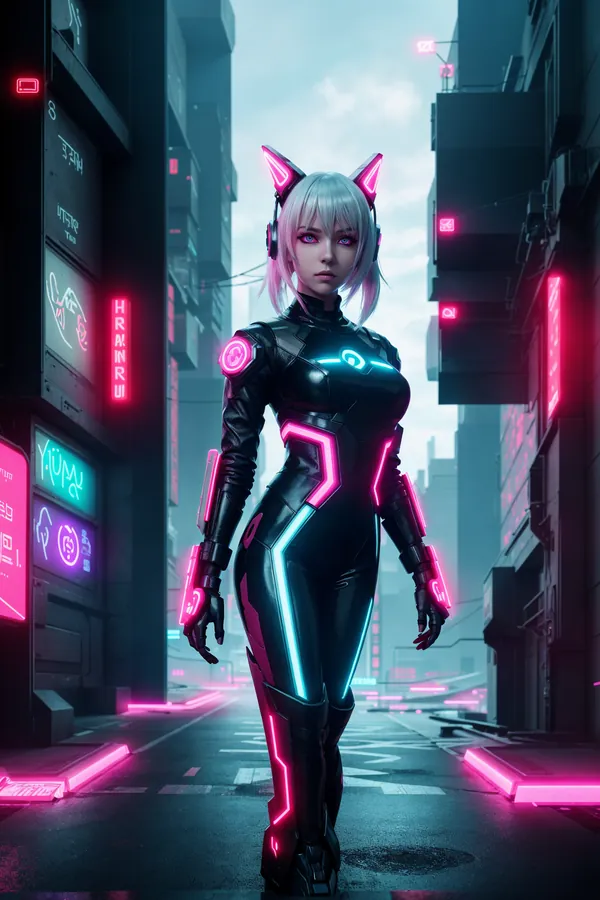 Neon-Drenched Cyberpunk Alleyway Featuring a Futuristic Female Character with Cat Ears, Silver Hair, and Glowing Neon Suit in a High-Tech Cityscape