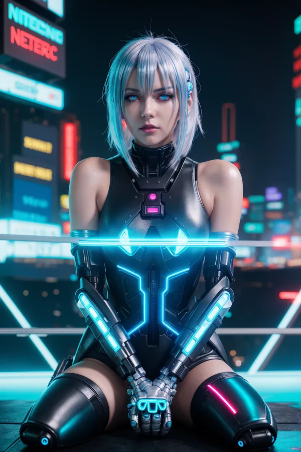 Cyberpunk Cyborg Female with Silver Hair and Neon-Lit Cybernetic Limbs in a Futuristic Neon Cityscape at Night with Vibrant Lighting and Intense Mood