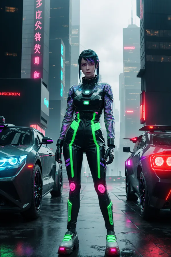 Cyberpunk Female Character in High-Tech Neon-Infused Black Jumpsuit with Glowing Green Accents and Pink Knee Lights, Standing in Rainy Futuristic Cityscape with Skyscrapers and Neon Signs, Mood of Dystopian Futurism
