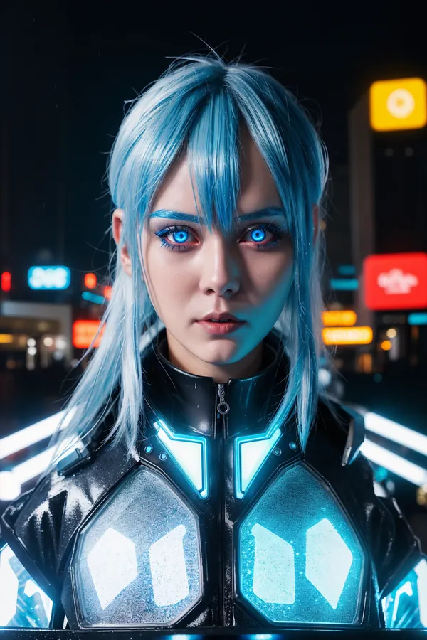 Cyberpunk Female Character with Neon Blue Hair and Glowing Eyes Standing in Futuristic Cityscape with Neon Lights and Advanced Tech Outfit