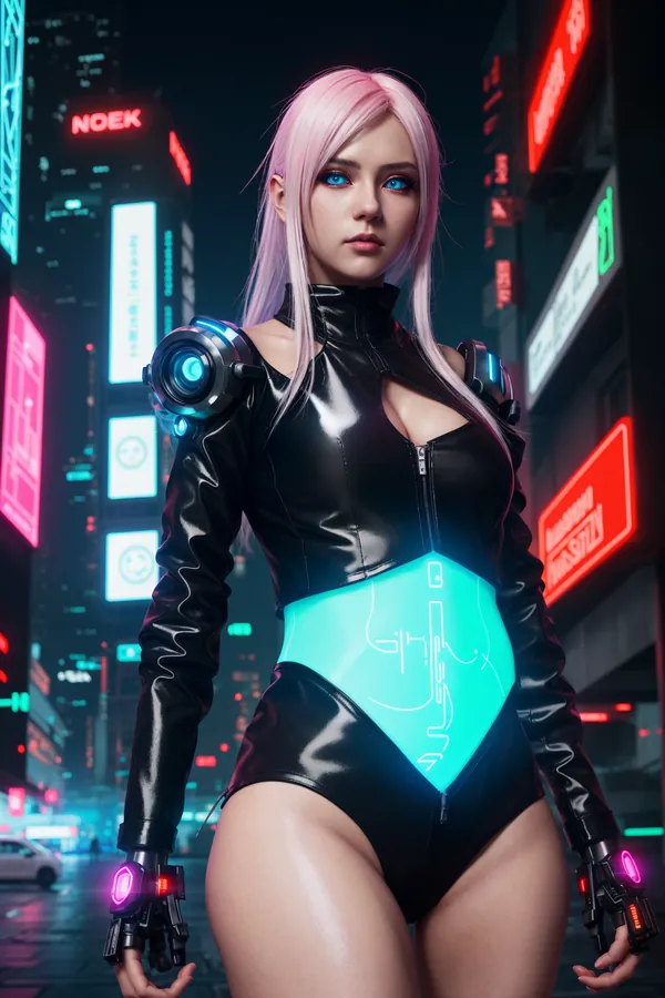 Cyberpunk Female Character with Pink Hair, Cybernetic Arm Gear, and Neon-Lit Cityscape: Futuristic Sci-Fi Fashion and Confident Mood Lighting