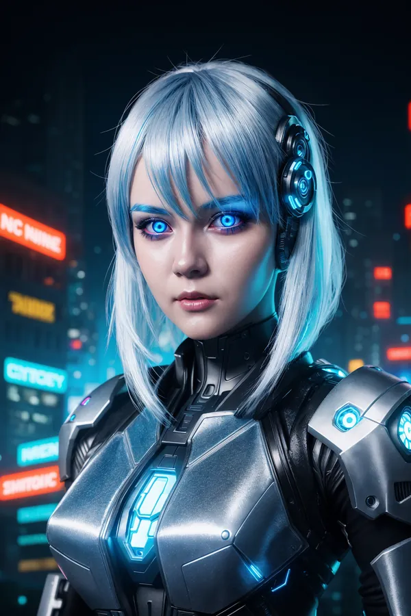 Cyberpunk Female Robot Character with Silver Hair, Glowing Blue Eyes, Futuristic Armored Suit, Neon Cityscape Background, Dark Night Lighting, and Intense Futuristic Mood