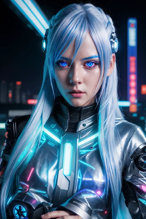 Cyberpunk Futuristic Woman with Glowing Blue Eyes, Neon-Lit Cybernetic Armor, Silver-Blue Hair, and Cityscape Background | Sci-Fi Aesthetic Mood