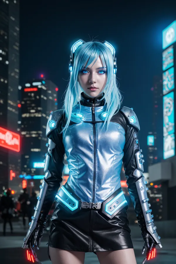 Cyberpunk Neon Cityscape Cosplay: Futuristic Female Character with Glowing Blue Hair, LED-Adorned Metallic Jacket, and Neon-Infused Urban Night Background