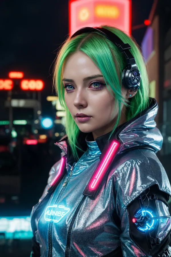 Cyberpunk Woman with Vibrant Green Hair, Neon-Infused Metallic Jacket, and Futuristic Headphones in a Glowing Cityscape at Night