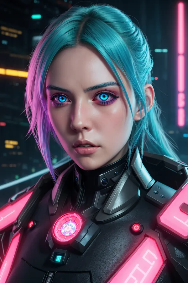 Futuristic Cyberpunk Character with Neon-Tinted Teal Hair and Glowing Red Cybernetic Armor in a Neon-Lit Cityscape Background