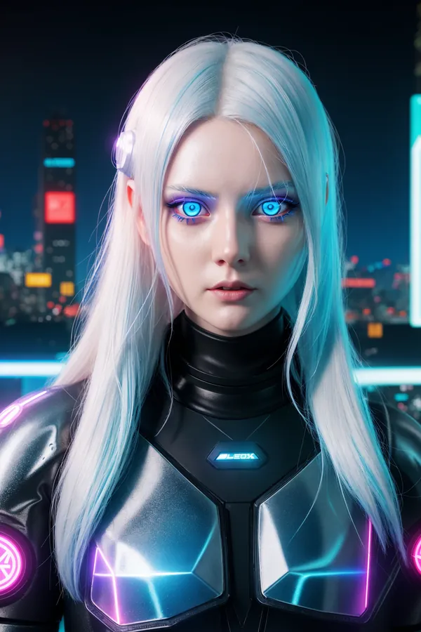 Futuristic Cyberpunk Female Character with Neon-Lit Eyes, Silver Hair, and High-Tech Glowing Suit in Vibrant Night Cityscape with Neon Lights and Intense Mood