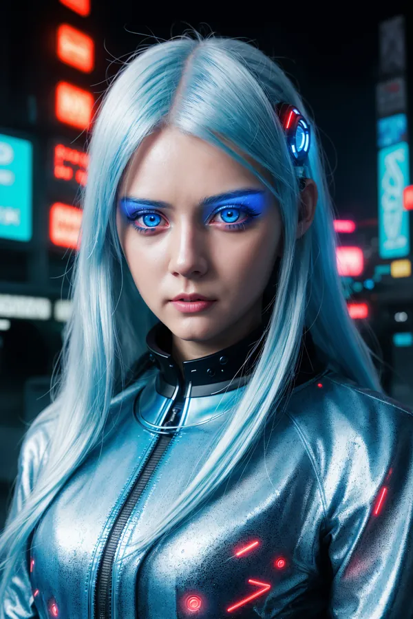 Futuristic Cyberpunk Woman with Electric Blue Hair, Neon-Lit Cityscape Background, Glowing Eyes and High-Tech Jacket in Urban Sci-Fi Mood