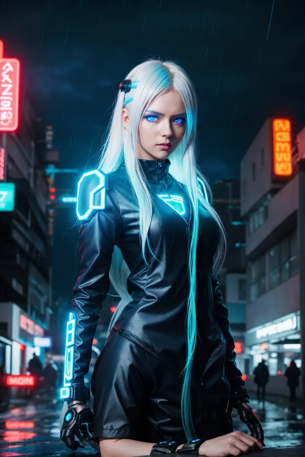 Futuristic Cyberpunk Woman with Neon-Lit Futuristic Outfit Standing on Rainy City Street at Night with Blue and Teal Lighting Details