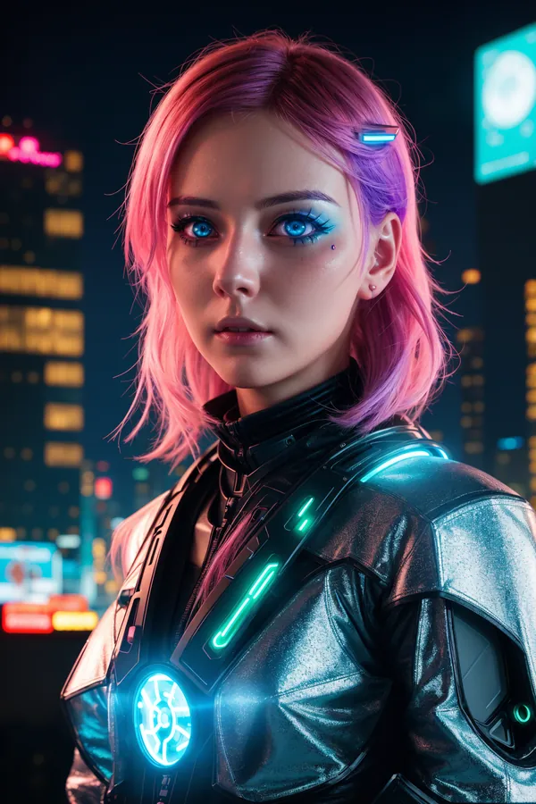 Neon-Pink and Purple-Haired Cyberpunk Woman in High-Tech Jacket with Glowing Blue and Green LEDs, Standing Against a Vibrant Neon-Lit Cityscape at Night, Capturing Futuristic Tech and Urban Atmosphere with Moody Confidence