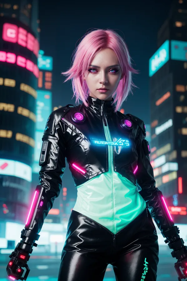 Pink-Haired Cyberpunk Futuristic Character in Neon-Lit Cityscape: Glowing Tech Outfit, Retro-Futuristic Lighting, and Cyberpunk Urban Mood