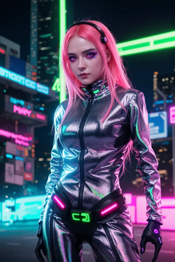 Pink-Haired Cyberpunk Woman in Shiny Metallic Silver Suit Standing Confidently in Neon-Lit Futuristic City at Night with Vibrant Neon Lights and Futuristic Mood