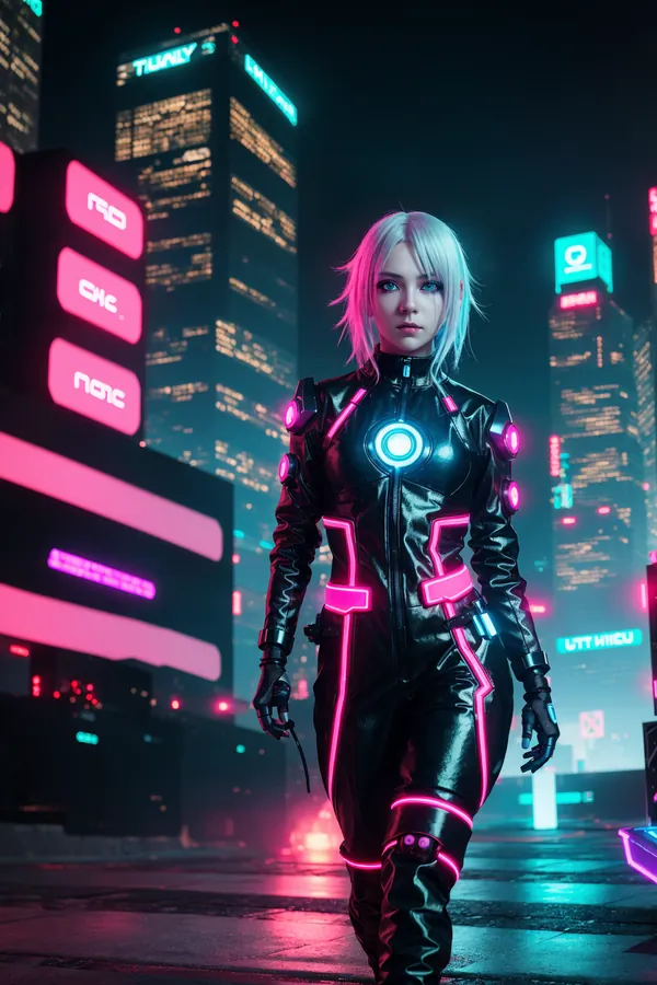 Platinum-haired Cyberpunk Woman in Neon-lit Futuristic Bodysuit Walking Through Vibrant Neon Cityscape at Night with Cyberpunk Lighting and Atmospheric Haze