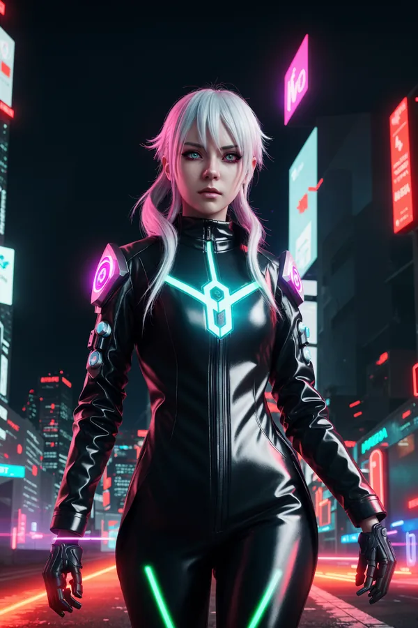 Silver-Haired Cyberpunk Female in Glowing Neon Bodysuit Standing Amidst Vibrant Neon-Lit Cityscape at Night, Futuristic Sci-Fi Urban Atmosphere