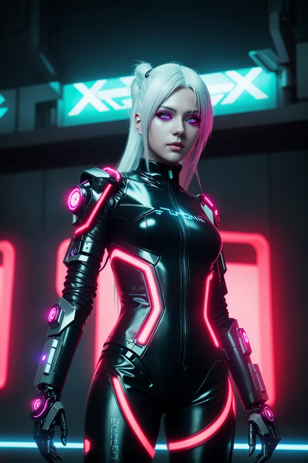 Sleek Cyberpunk Female Character in Futuristic Black Neon-Engraved Bodysuit with Pink and Cyan Illumination, Confident Pose Amidst X2X Cityscape Neon Signs