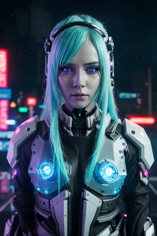 Cyan-Haired Cyberpunk Woman with Glowing Blue Eyes and Cybernetic Armor in Neon-Lit Rainy Cityscape for Futuristic Sci-Fi Mood