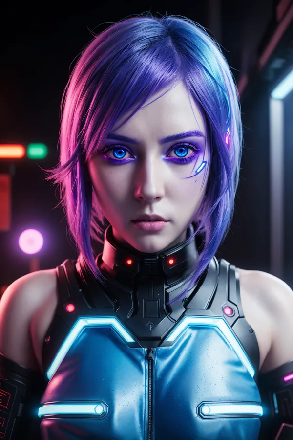 Cyberpunk Female Character with Neon-Lit Purple Hair, Glowing Blue Eyes, and Futuristic Armor in Dark Cyberpunk Cityscape with Dramatic Neon Lighting, Intense Mood