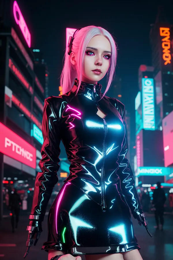 Cyberpunk Futuristic Female Character with Silver Hair Wearing High-Gloss Black Neon-Lit Bodycon Outfit Standing Confidently in Vibrant Neon-Lit Cityscape at Night, Bold Colorful Lighting and Futuristic Mood