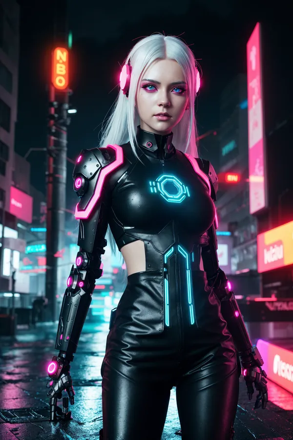Cyberpunk Futuristic Woman in Neon-Lit City Street: Silver Hair, Robotic Armor, and Glowing Blue Circuitry Outfit with Rainy Night Atmosphere