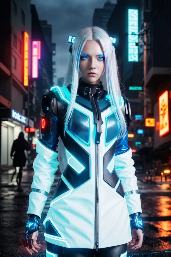 Cyberpunk Futuristic Woman with Neon-Lit Tech Armor, Silver Hair, and Blue Eyes Standing in Rainy Neon City Street at Night, Moody Urban Sci-Fi Scene with Holographic Signs and Wet Streets