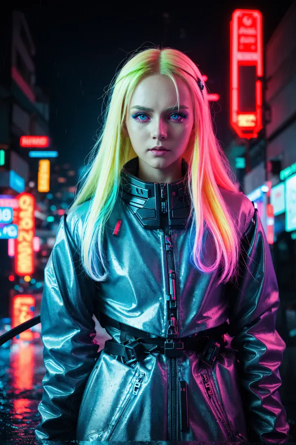 Cyberpunk Woman with Neon-Colored Hair Standing in Rainy Neon-Lit City Street at Night, Futuristic Metallic Jacket, Blue Eyes, Neon Signs, Wet Pavement Lighting Mood
