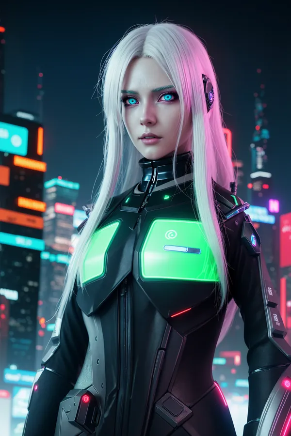 Futuristic Cybernetic Woman with Glowing Green Armor, Blue Eyes, White Hair in Neon-Lit Cyberpunk Cityscape Dystopian Urban Background