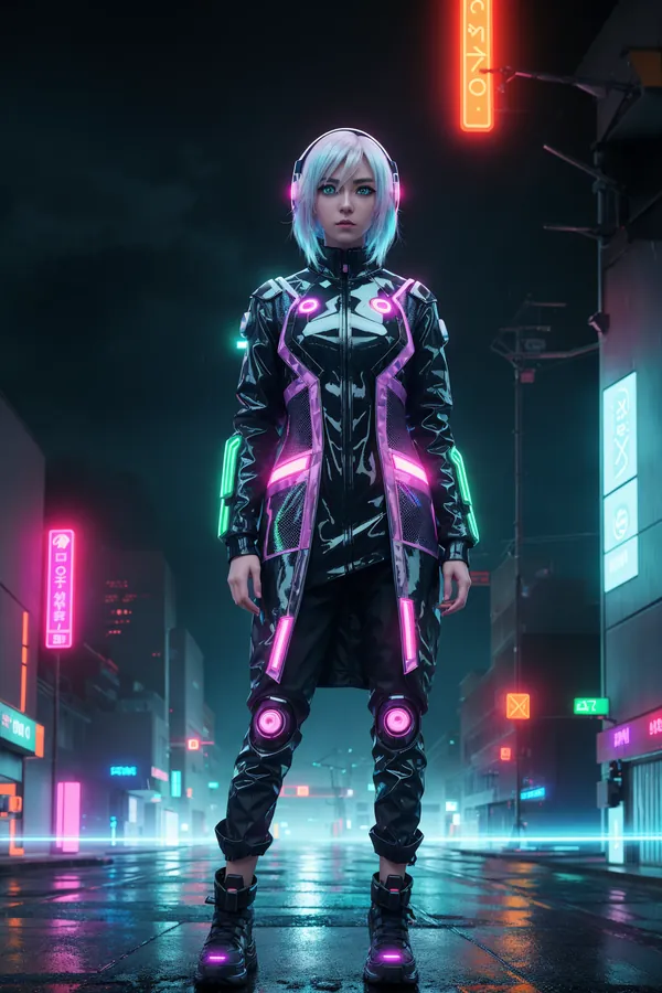Futuristic Cyberpunk Character with Neon-Lit Jacket, Short Blue Hair, and Headphones Standing on Rainy Urban Street at Night with Vibrant Neon Cityscape Lighting and Glowing Accessories