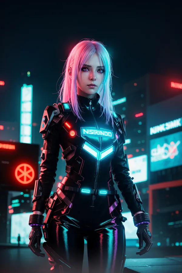 Futuristic Cyberpunk Woman with Neon-Lit Silver Hair, Advanced Tech Armor, and Vibrant Night Cityscape Lighting Mood
