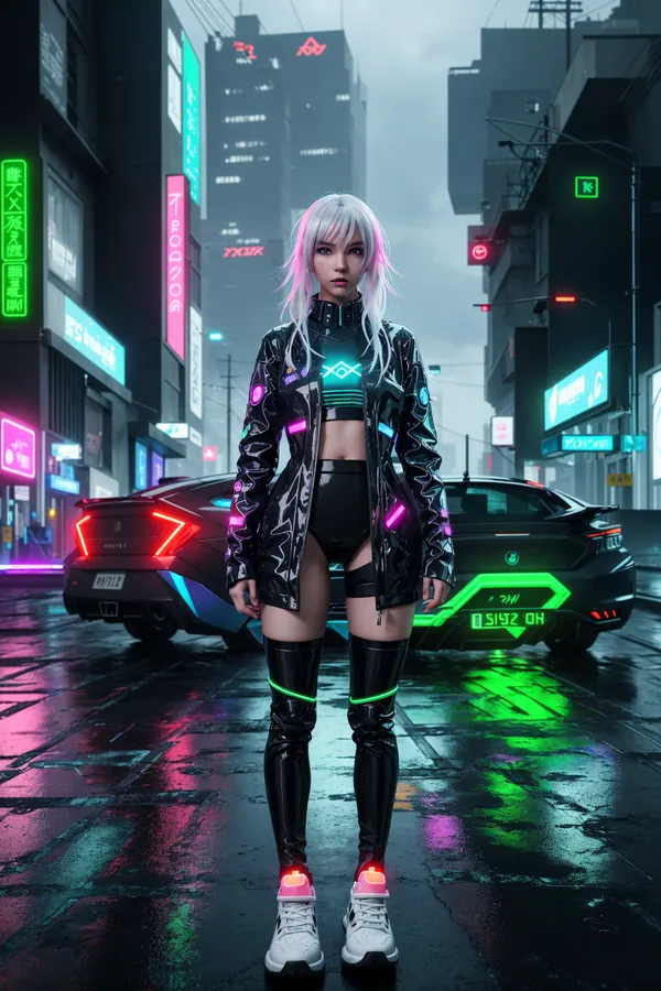 Glowing Cyberpunk Woman with White Hair and Neon-Infused Outfit Standing on Rainy Futuristic City Street with Retro-Futuristic Cars and Vibrant Neon Lighting