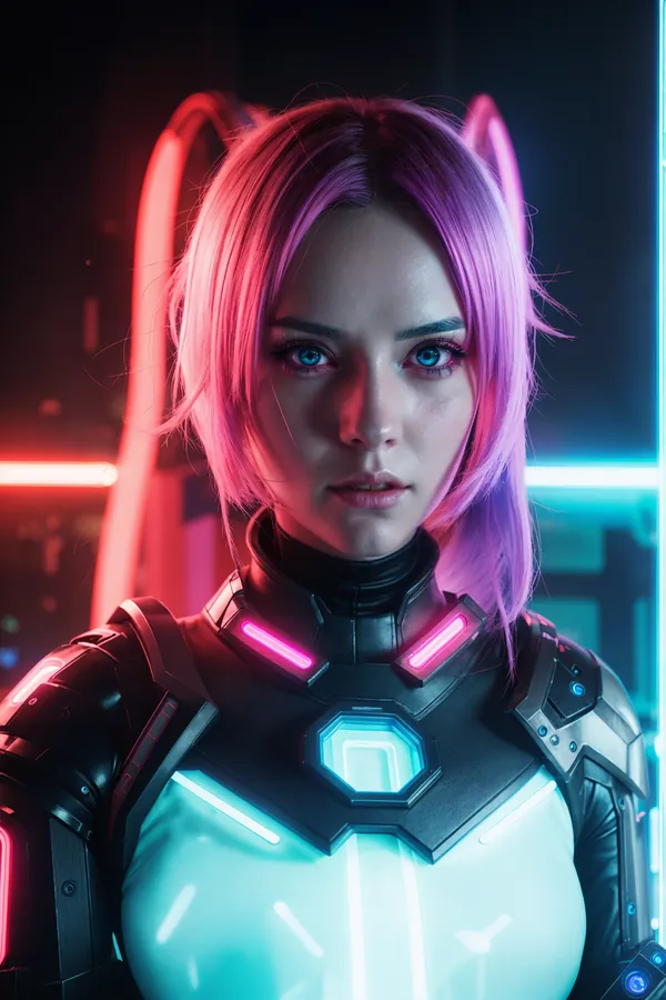 Neon-Lit Cyberpunk Sci-Fi Character Portrait with Vibrant Purple Hair, Glowing Armor, and Futuristic Neon Lighting Creating a High-Tech Mood